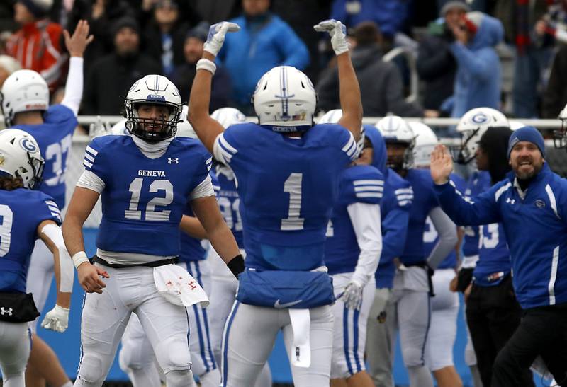 Geneva's Anthony Chahino and Talyn Taylor celebrate defeating Cary-Grove in an IHSA Class 6A semifinal football game on Saturday, Nov. 23, 2024, at Geneva High School.