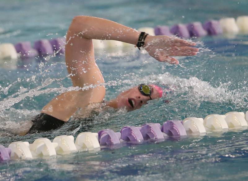 Morris's Paige Swanson competes in the 200 yard freestyle relay on Tuesday, Oct. 8, 2024 at the Illinois Valley YMCA in Peru.