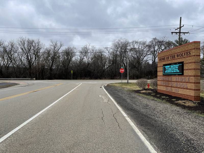 The intersection of Dvorak Drive and Walkup Road outside Prairie Ridge High School in Crystal Lake, pictured Thursday, March 31, 2022, is within a high crash site, with several officials and parents saying there should be a stoplight placed at the spot.