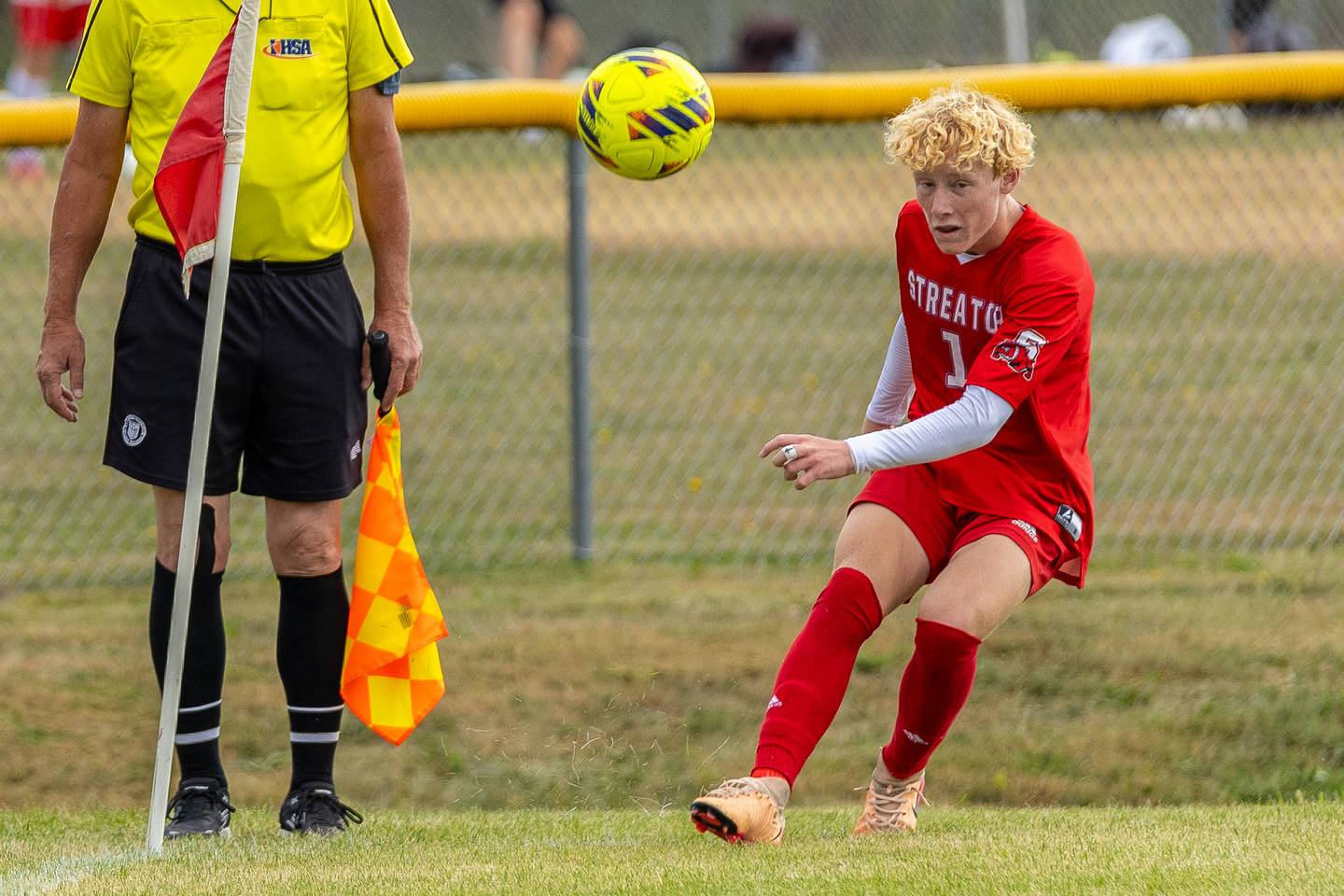 Mason Decker (1) of Streator performs corner kick on Saturday, Aug 30, 2025 at the James Street Recreation Area in Streator.