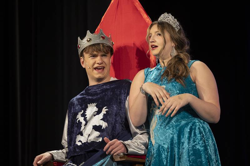 James Cocar and Molly Oliver play characters in Dixon High School’s “Pippin” Wednesday, April 17, 2024 in the Wiltz Auditorium at Dixon High School. The cast will be making their last few rehearsals ahead of Friday’s opening.
