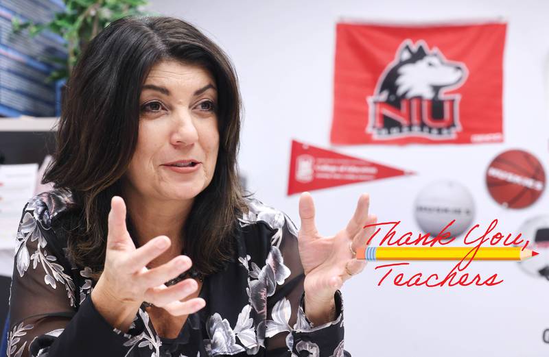 Donna Werderich, a professor in literacy education, talks about her career as an educator Monday, March 20, 2023, in her office in Graham Hall at Northern Illinois University in DeKalb.