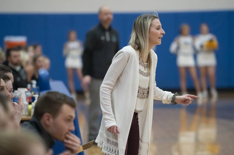 Johnsburg girls basketball head coach Erin Stochl during their game against Woodstock North on Tuesday, February 8, 2022 at Johnsburg High School. Woodstock North won 48-37. Ryan Rayburn for Shaw Local
