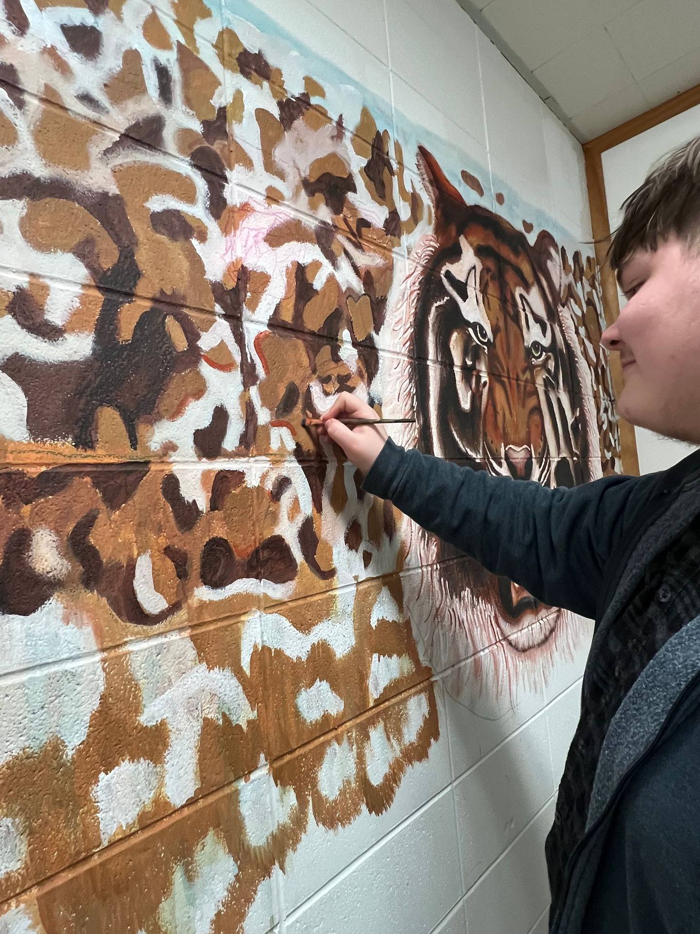 Justin Matlow, 15 and a sophomore at Joliet West High School, is freehandedly creating a tiger mural in English/journalism Jenn Galloy's classroom to serve as a backdrop for her students' regular Tiger News broadcast.