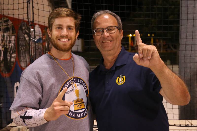 Illinois Valley Pistol Shrimp player Tyler Dorsch nickname "Mr. Peru" poses for a photo with Peru mayor Ken Kolowski after winning the Prospect League Championship against Rex on Wednesday, Aug. 7, 2024 at Schweickert Stadium in Peru.