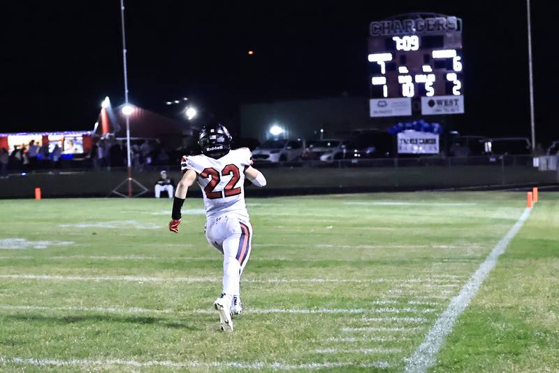 Erie-Prophetown’s #22 Tristan Hovey soared up the field with ease in Orion Friday, Oct. 10, 2025, with a 75 yard carry virtually untouched by the hosting Chargers defense. The Panther win brings the team to 5-2 for the season so far.