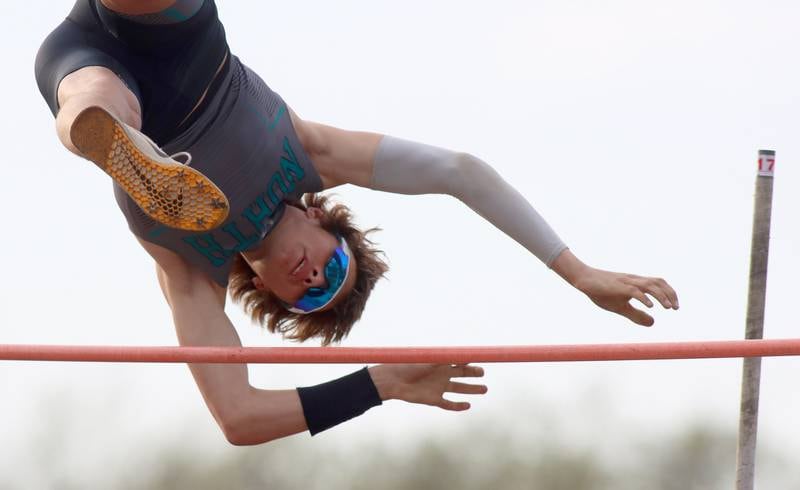 Woodstock North’s Braelan Creighton competes in the pole vault during the McHenry County Track and Field Meet at McCracken Field on Thursday, April 24, 2025, in McHenry
