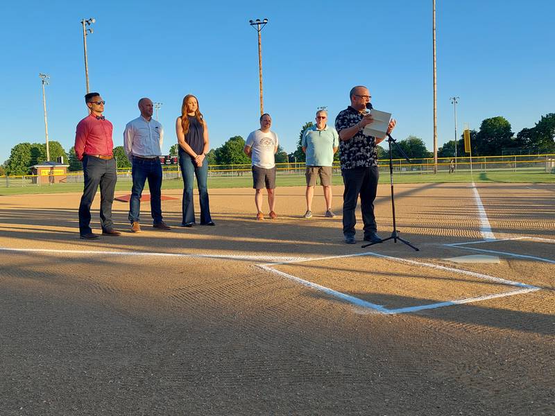 Quentin Buffington speaks Wednesday, May 22, 2024, about the project to install lights at the Hennepin Little League field.