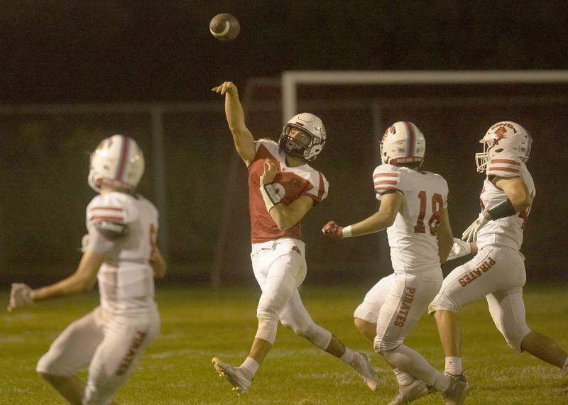 Streator quarterback Christian Benning throws a pass downfield against Ottawa on Friday, Sept. 2, 2022 in Streator.