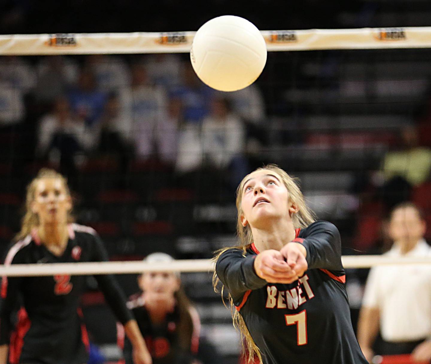 Benet Academy's Audrey Asleson hits the ball over to the Barrington side of the net in the Class 4A semifinal game on Friday, Nov. 11, 2022 at Redbird Arena in Normal.