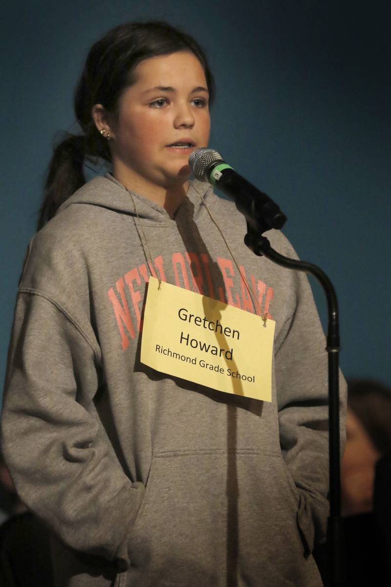 Gretchen Howard  of Richmond Grade School  reacts to a word as she competes in the McHenry County Regional Office of Education 2023 Spelling Bee Wednesday, March 22, 2023, at McHenry County College's Luecht Auditorium in Crystal Lake.