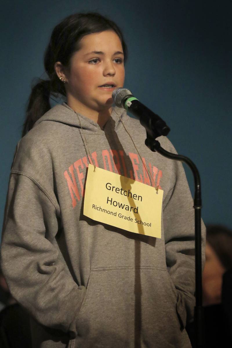 Gretchen Howard  of Richmond Grade School  reacts to a word as she competes in the McHenry County Regional Office of Education 2023 Spelling Bee Wednesday, March 22, 2023, at McHenry County College's Luecht Auditorium in Crystal Lake.