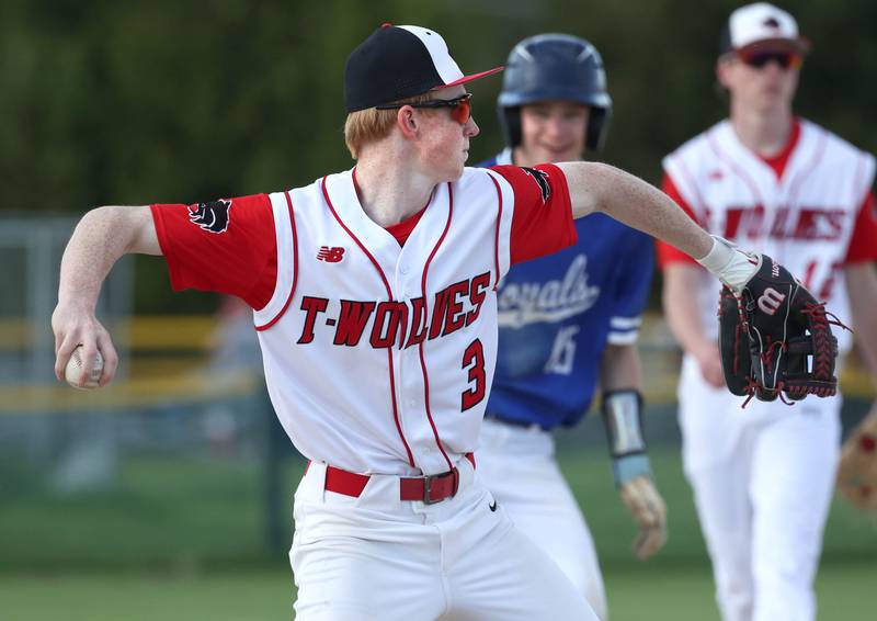 Indian Creek's Tyler Bogle throws to first during their game against Hinckley-Big Rock Monday, April 29, 2024, at Indian Creek High School.