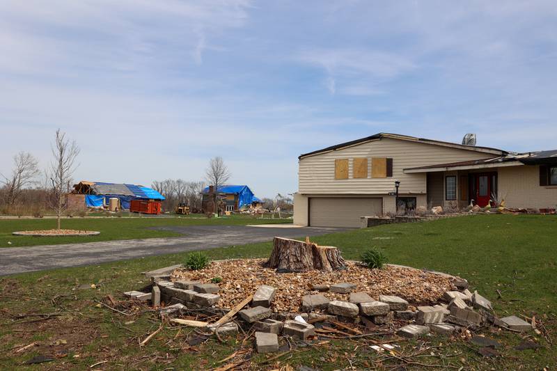 Homes near Julie Drive in Aroma Township are shown on April 8, 2026, nearly one month after the EF-3 tornado.