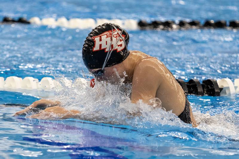 Huntley’s Olivia Rohde competes in the 100 Yard Breaststroke during the IHSA Girls State Swimming Preliminaries at FMC Natatorium in Westmont on Nov. 14, 2025.