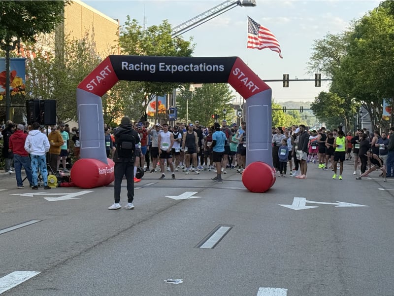 Runners prepare for the start of the 2026 Starved Rock Country full marathon on Saturday, May 9, 2026 in downtown Ottawa.