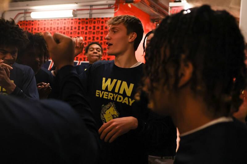 Yorkville Christian’s Jaden Schutt huddles up before the game against Liberty in the Class 1A championship game at State Farm Center in Champaign. Friday, Mar. 11, 2022, in Champaign.