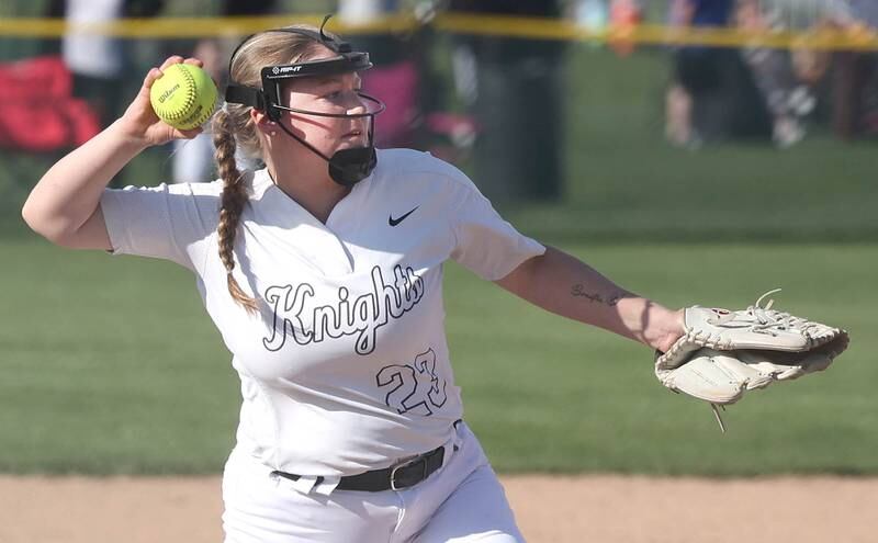 Kaneland's Kyra Johnson throws the ball across the diamond Friday, April 28, 2023, during their game at Sycamore High School.