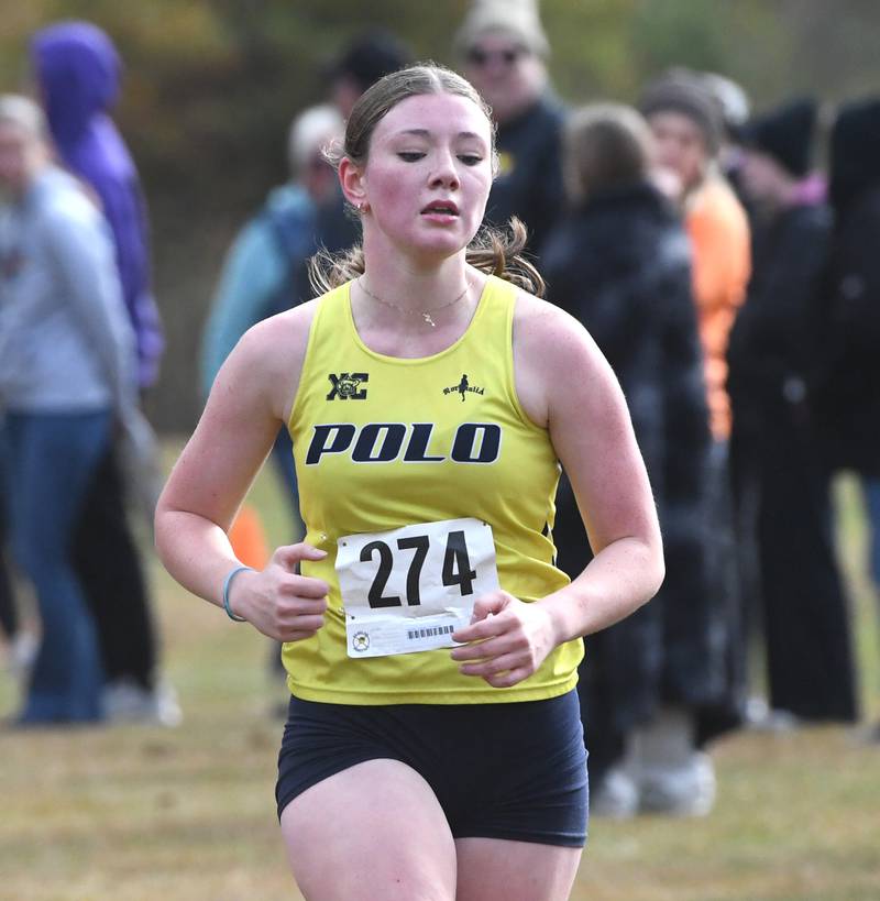 Polo-Forreston's Aubrey Herndon heads to the finish line of the 1A Winnebago Girls Regional on Saturday, Oct. 25, 2025 at the Levi and Ester Fuller Memorial Forest Preserve.