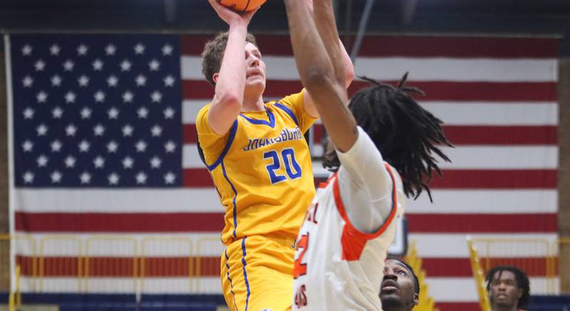Johnsburg’s Josh Kaunas takes a shot against Peoria Manual in boys IHSA Class 2A Supersectional basketball on Monday, Mar. 9, 2026, at Sterling High School in Sterling.