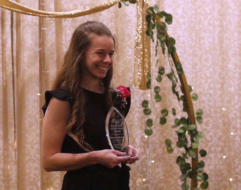 Margaret Hoffman of Chesak Elemantary School with her troop after winning the elementary award during the the Educator of the Year Dinner, Saturday, May 6, 2023, at Hickory Hall, in Crystal Lake. The annual awards recognize McHenry County’s top teachers, administrators and support staff.