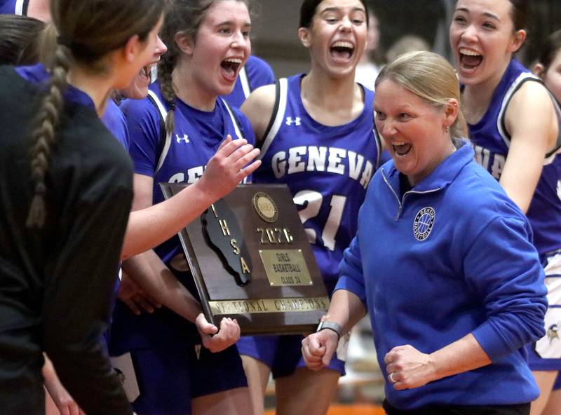 Geneva’s Head Coach Sarah Meadows and the Vikings celebrate a win against Crystal Lake South in girls IHSA Class 3A Sectional Championship basketball on Thursday, Feb. 26, 2026, at Crystal Lake Central High School in Crystal Lake.