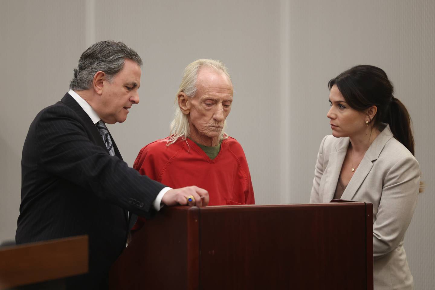Joseph Czuba confers with his defense lawyers, George Lenard, left, and Kylie Blatti for a hearing at the Will County Courthouse on Monday, Oct. 30, 2023 in Joliet. Joseph Czuba, 71, was arraigned on charges of first-degree murder of 6-year-old Wadea Al-Fayoume and attempting to kill the boy's mother, Hanaan Shahin, 32, on Oct. 14 at a Plainfield Township residence.