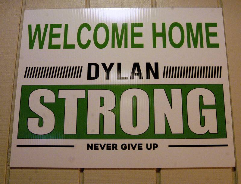 A sign on the wall greets Dylan Wescott and visitors. A Welcome Home Party for Wescott was held at Emerson's Pub on Saturday, Nov. 22, 2025.