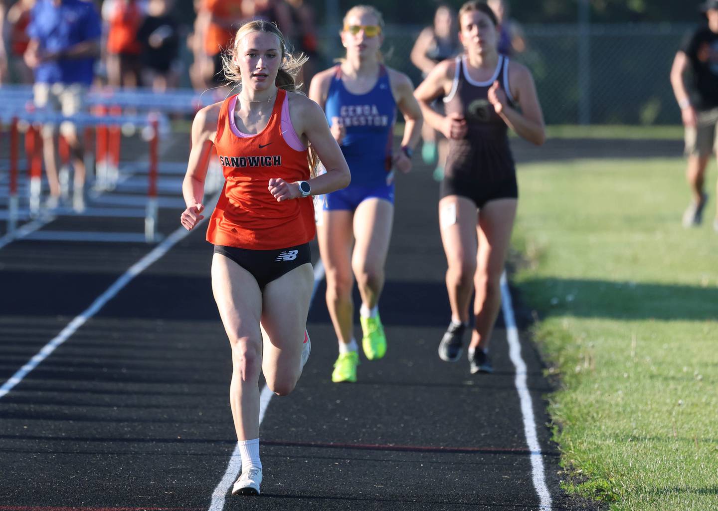 Sandwich’s Sundara Weber wins the 3200 meter run Friday, May 15, 2026, during the Class 2A girls track sectional at Genoa-Kingston High School.