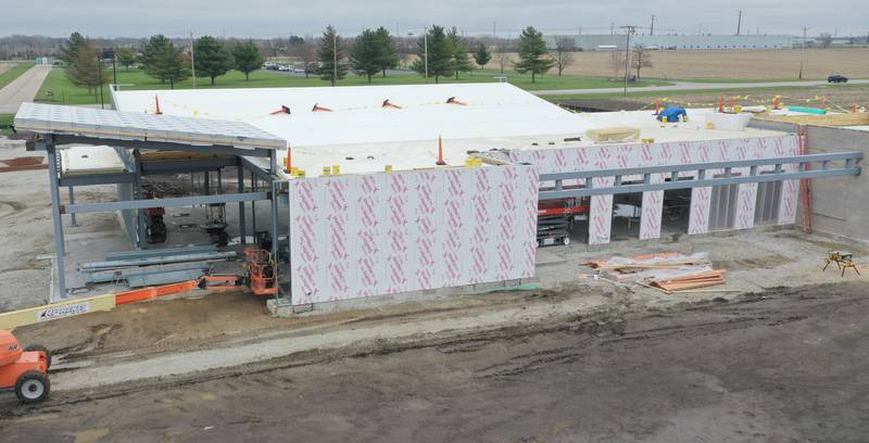 An aerial view of the Dr. Alfred E. Wisgoski Agricultural Education Center on Wednesday, April 1, 2026, at Illinois Valley Community College in Oglesby. Crews have begun construction on the exterior walls. The new facility is expected to redefine IVCC’s agriculture program, equipping the college to train and upskill agricultural workers, support the development of new technologies and promote sustainable practices.
Approximately $1.6 million has been pledged toward the agricultural center, and IVCC plans to launch a community donation program later this spring. The 10,250-square-foot building is slated for occupancy in 2027.
The project is supported by a $3.5 million grant from the U.S. Department of Economic Development Administration, a $240,000 grant from the Illinois Department of Commerce and Economic Opportunity and a $1 million gift from the Wisgoski family.
