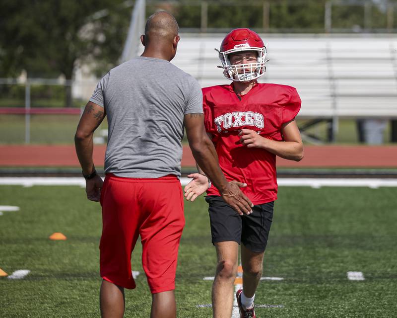 Colton Spychalski works through wide receiver drills at Yorkville High School football practice, Monday, Aug 13, 2025  in Yorkville.