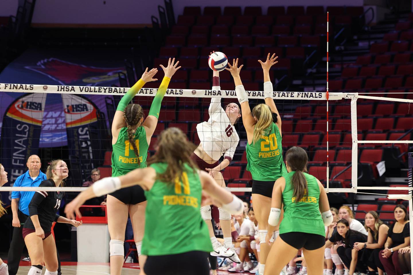 Prairie Ridge's Adeline Grider spikes the ball under pressure during the Wolves' loss in two sets, 25-20, 25-18, in the IHSA Class 3A State semifinals on Friday, Nov. 14, 2025.