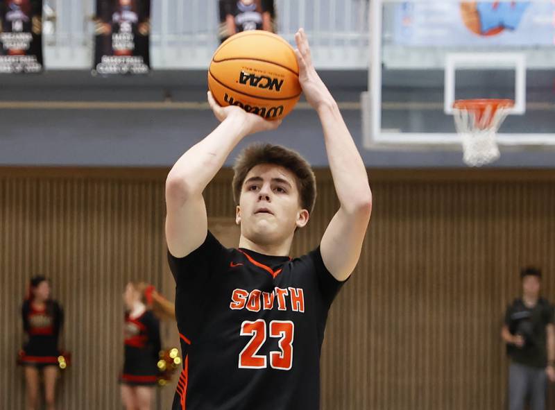 Wheaton Warrenville South's David Showman (23) takes a shot during the IHSA boys class 4A Willowbrook regional final between Wheaton Warrenville South and Batavia on Friday, Feb. 27, 2026 in Villa Park, IL.
