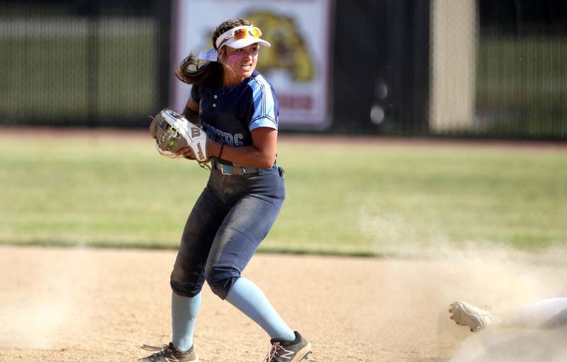 Lake Park’s Tea Picardi gets an out at second during the Class 4A St. Charles North Sectional final against St. Charles North on Friday, June 2, 2023.