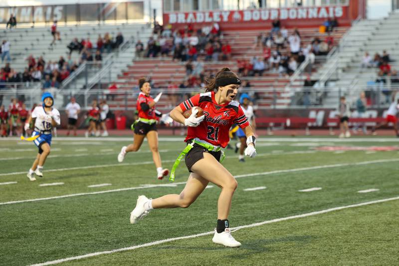 Bradley-Bourbonnais' Kylie Stanek runs in a touchdown during the Boilermakers' 60-7 victory over Joliet Central in the season opener on Aug. 25, 2025.
