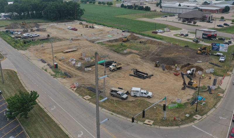 An aerial view of the intersection of Backbone Road and North Main Street on Tuesday, July 8, 2025 in Princeton. The foundation of a future Aldi store can be seen in the distance. Crews have been working on the property since April this year.