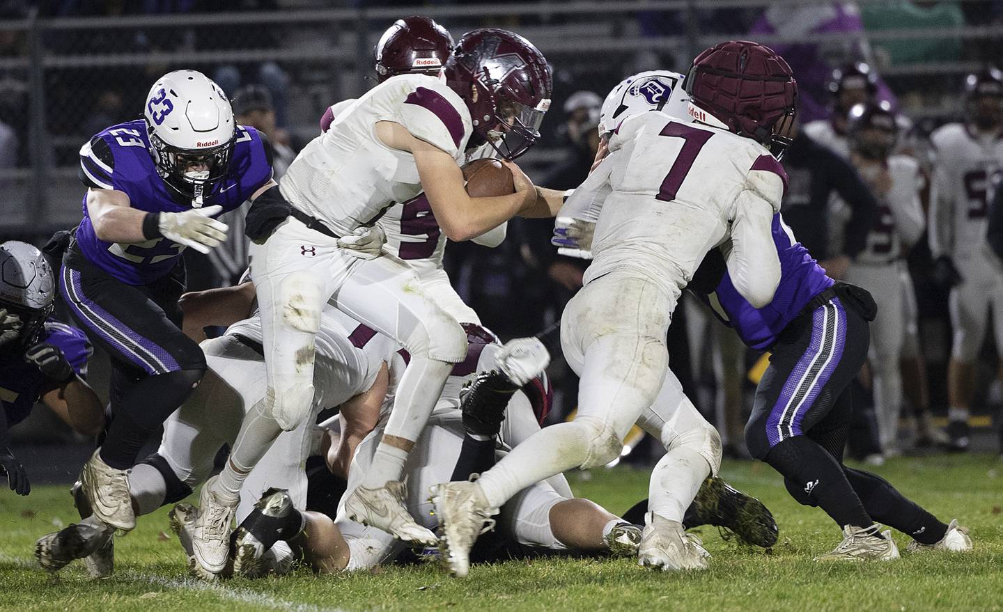 Marengo’s David Lopez picks up yards up the middle against Dixon Friday, Nov. 1, 2024 in the 4A football playoffs in Dixon.