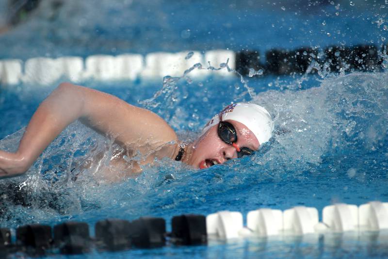 Marian Central’s Abby Hill swims the 200-yard freestyle consolation heat during the IHSA Girls State Swimming and Diving Championships at the FMC Natatorium in Westmont on Saturday, Nov. 11, 2023.