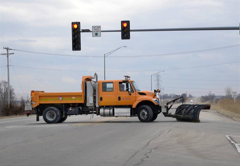 The Illinois Department of Transportation and Illinois State Police blocked all exits Saturday, March 5, 2022, near Love’s Travel Stop not allowing semi trucks in the convoy to reach the rally in Oglesby.