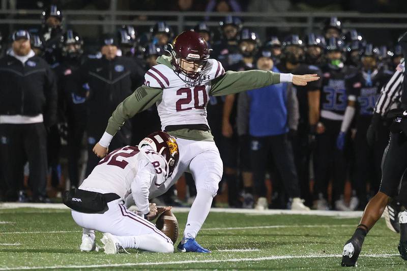 Loyola’s Zak Zeman kicks a field goal to put the Ramblers on the board against Lincoln-Way East in the Class 8A semifinal on Saturday, Nov. 23, 2024 in Frankfort.