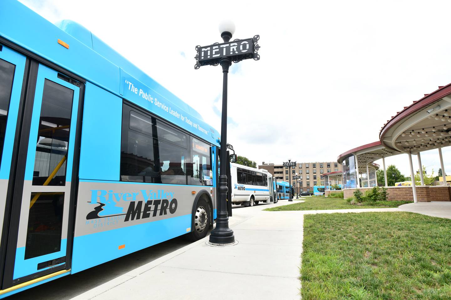 River Valley Metro buses await passengers at the Kankakee Metro Centre bus transfer station on Chestnut Street in downtown Kankakee in August 2023.