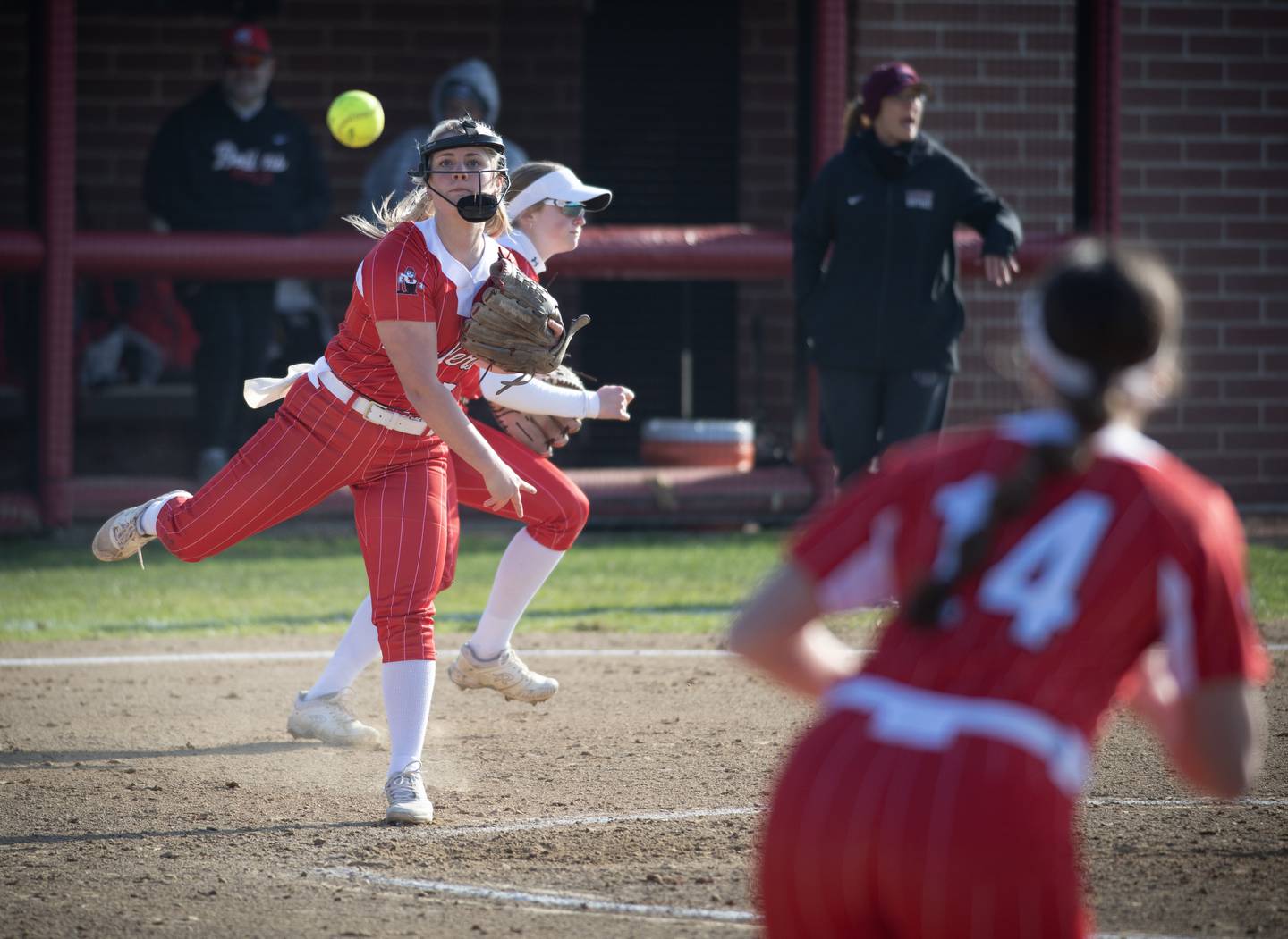 Bradley-Bourbonnais' Lydia Hammond throws to first base for an out in the second inning of Thursday's game against Lockport.