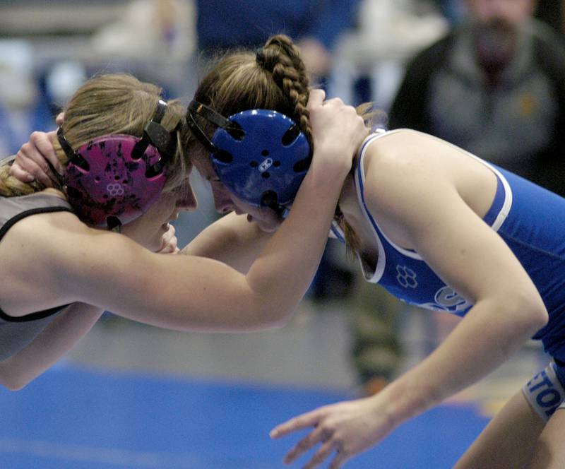 Jadeyn  Klingenberg of Princeton and Emma Smith go head to head. Newman, Princeton and Lena-Winslow grappled at NHS. The meet took place on January 20, 2026.