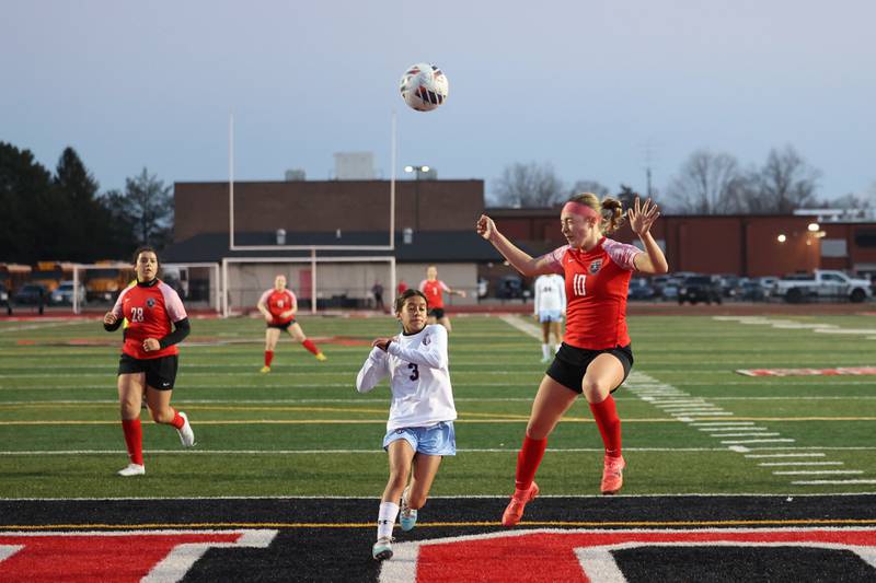 Bradley-Bourbonnais' Harper Tollefson connects for a header from a corner kick during the Boilermakers' 3-2 victory over Kankakee in the All-City matchup on Thursday, March 27.