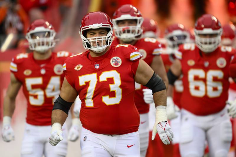 Kansas City Chiefs guard Nick Allegretti comes onto the field with the team during introductions before a game against the Cincinnati Bengals, Sunday, Dec. 31, 2023 in Kansas City, Mo.