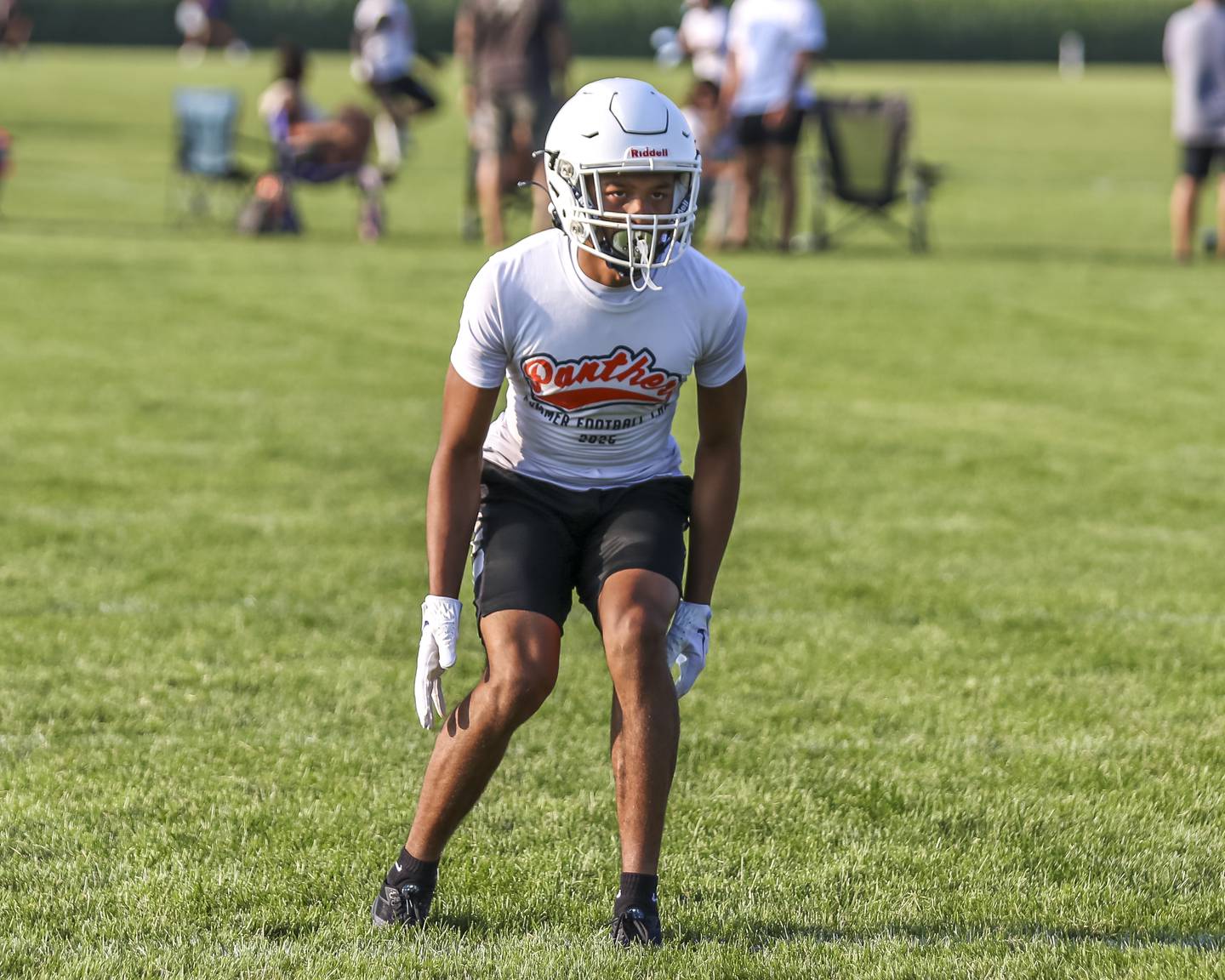 Oswego's Dontrell Young drops back into coverage during the Kaneland 7 on 7 football tournament, July 22, 2025 in Maple Park.