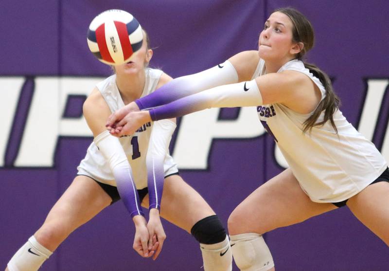 Hampshire’s Katelyn Petterson, front, passes the ball against Libertyville in an IHSA volleyball Class 4A Sectional Championship at Hampshire High School in Hampshire on Thursday, November 6, 2025.