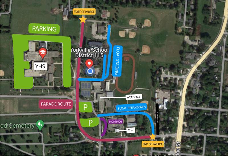 Due to construction, the Yorkville homecoming parade route has been modified for the 2023 event. The route will start just north of Yorkville High School, and will continue south onto Somonauk Street.