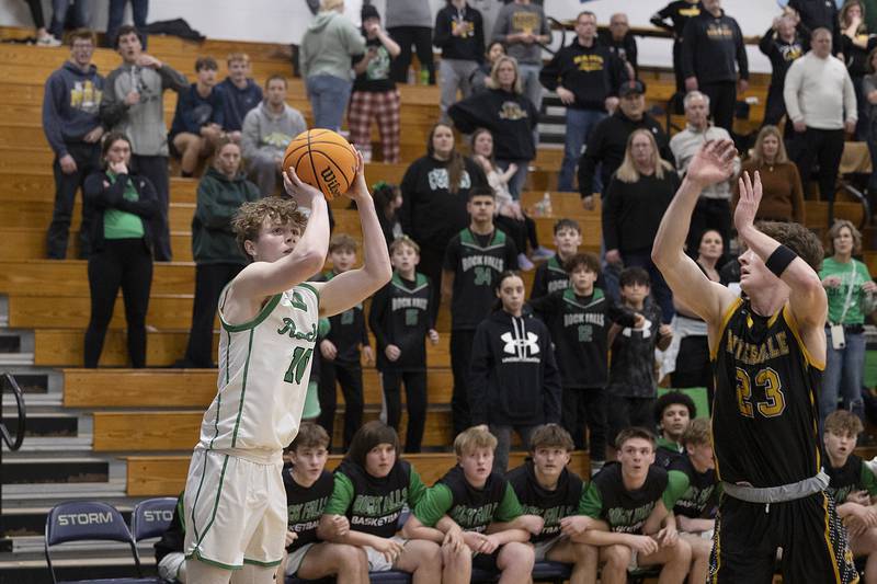 Rock Falls’ Kuitim Heald puts up the three point shot that sealed the win for the Rockets in OT over Riverdale Friday, Feb. 28, 2025, during the Class 2A Regional final at Bureau Valley High School.