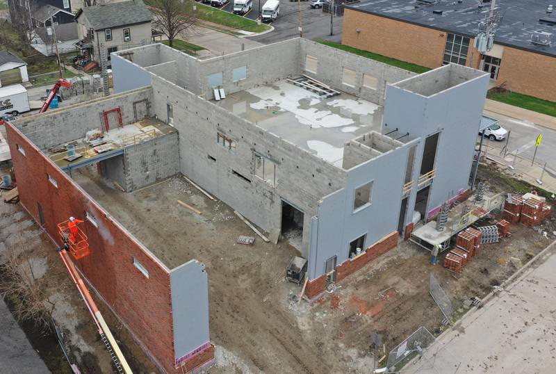 Crews began laying bricks on the exterior wall of the La Salle-Peru Township High School's new Agriculture Center on the southeast corner of Sixth and Creve Coeur streets on Wednesday, April 1, 2026 in La Salle.